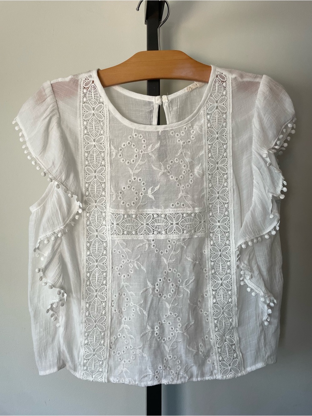 Rebellion Cottagecore Boho Sleeveless Blouse With Ruffles Pom Poms Size Large